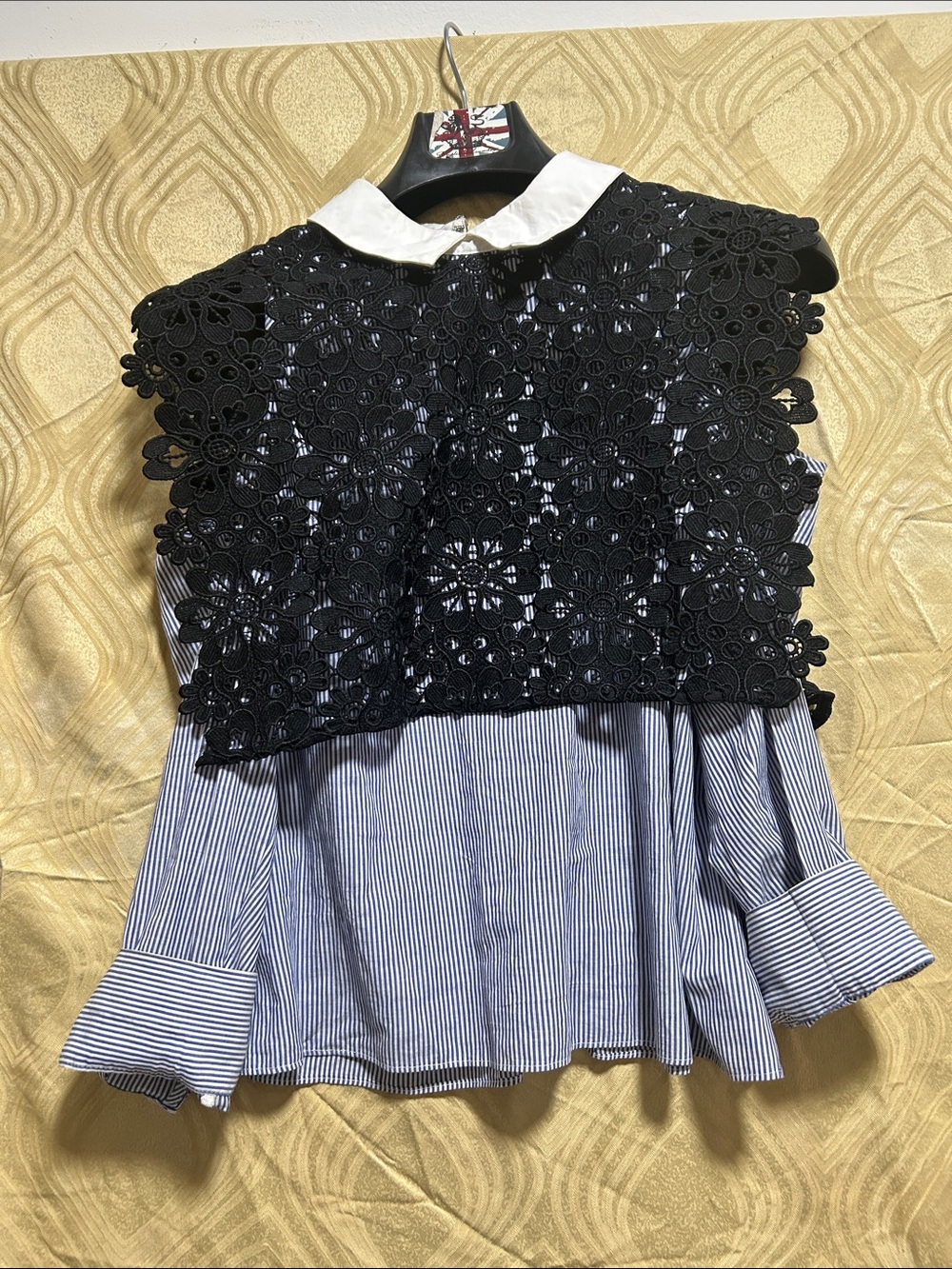 Women’s Striped Button-Down Shirt with Black Lace Bib Collar - Picture 6 of 6